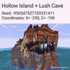 an image of a rock in the ocean with text below it that reads hollow island + lush cave