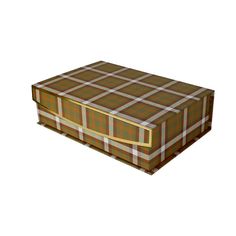 a brown and white plaid box with gold trim