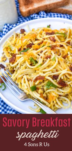 savory breakfast spaghetti on a white plate