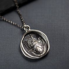 Mermaids Crest - Fight your battles, and win - Wax Seal Crest Necklace Heirloom Style Sterling Silver Medallion Necklace, Heirloom Sterling Silver Medallion Necklace, Heirloom Silver Necklace With Coin Pendant, Round Jewelry With Coat Of Arms For Gifts, Classic Sterling Silver Jewelry With Coat Of Arms, Elegant Round Jewelry With Coat Of Arms, Vintage Silver Jewelry With Coat Of Arms, Oval Coat Of Arms Jewelry Gift, Elegant Round Coat Of Arms Jewelry