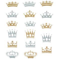 a set of nine crowns with different shapes and sizes, all in gold and silver