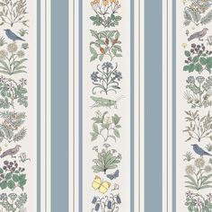 a striped wallpaper with birds and flowers on it