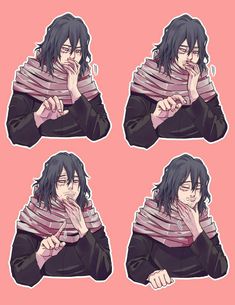 four images of a person with long black hair and scarf around their neck, covering his mouth