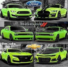 the front and side view of a neon green sports car, with other images in black and white