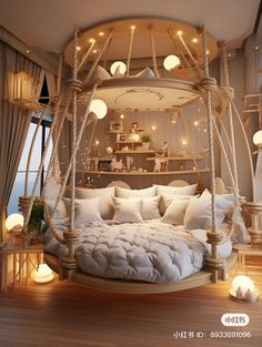 a bed with white pillows and lights on the ceiling, in a room that looks like it has been made into a canopy bed