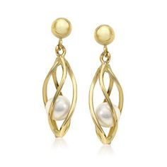 Ross-Simons - 4mm Cultured Pearl Cage Earrings in 14kt Yellow Gold. These cage earrings feature 4mm cultured freshwater pearls housed safely in polished golden twists. Hanging length is 3/4". Post/clutch, 14kt yellow gold earrings. Pearl birthstones are the perfect gift for June birthdays. Elegant Wire-wrapped Yellow Gold Pearl Earrings, Elegant Wire Wrapped Earrings For Formal Occasions, Elegant Yellow Gold Wire Wrapped Pearl Earrings, Gold Wire Wrapped Earrings For Formal Occasions, Formal Gold Wire Wrapped Earrings, Formal Yellow Gold Wrap Earrings, Elegant Gold Wire Wrapped Wrap Earrings, Elegant Formal Yellow Gold Wrap Earrings, White Topaz Earrings