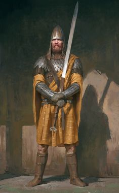 a painting of a man in armor holding two swords