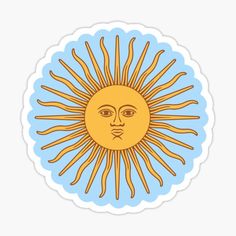 a sticker with the sun on it's face in blue and yellow colors