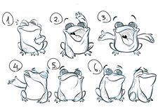 an image of how to draw frogs in different poses with numbers on their backs and feet