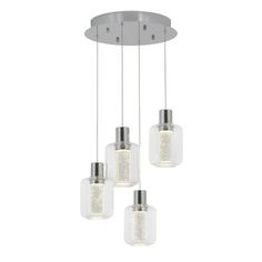 three lights hanging from a ceiling fixture with clear glass and metal fixtures on the bottom