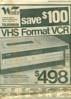 an advertisement for the vvs format vcr with prices in english and spanish on it