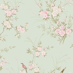 a wallpaper with pink flowers and birds in the middle on a light green background