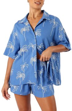 Wispy palms add to the breezy personality of this oversized linen-kissed shirt that looks great buttoned up or worn open as a lightweight, sunny-day layer Front button closure Spread collar Short sleeves 70% rayon, 30% linen Hand wash, dry flat Imported Beach Holiday Outfits, Shorts Outfits Women, Lounge Pajamas, Sleepwear Sets, Palm Print, Short Pajama Set, Beach Holiday, Short Sleeve Button Up, Womens Casual Outfits