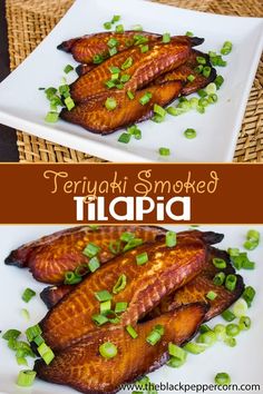 there is a plate with some fish on it and the words teriyaki smoked tilapa