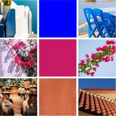 many different pictures are shown with blue and pink colors in them, including chairs, vases, flowers, and other things