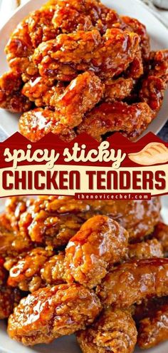 spicy sticky chicken tenders on a white plate with the title in red above it