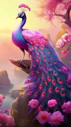 a painting of a peacock sitting on a tree branch with pink flowers in the background