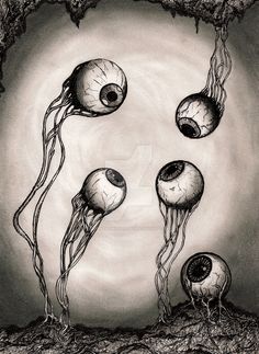 an ink drawing of three jellyfishs floating in the water with their heads turned upside down