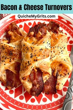 A white and red patterned plate with three bacon & cheese turnovers stacked on each other. Bacon And Cheese Turnover, Sausage Croissant, Dutch Oven Corned Beef, Cheese Turnovers, Bacon Scones, Grinder Sandwich, Bacon Gravy, Cream Cheese Cupcakes, Turnover Recipes