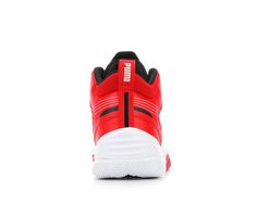 the puma sneakers are red and white with black detailing on the upper part of the shoe