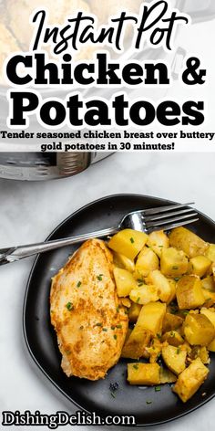 chicken and potatoes on a black plate with text overlay