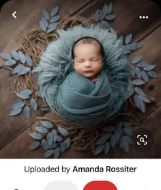 a newborn baby is wrapped in a blue blanket and surrounded by leaves on a wooden floor