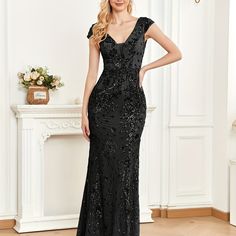 Elegant Skinny Sequined Dress, Cap Sleeve Ankle Dress For Party & Banquet, Women's Clothing Champagne-S(4) Dress For Party, 파티 드레스, Ankle Dress, Sequined Dress, Color Champagne, Black Tie Wedding, Vestidos Prom, Color Blush, 80 Dress