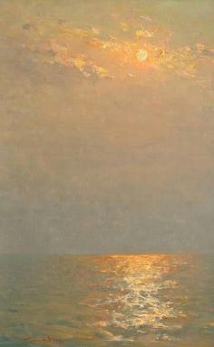 an oil painting of the ocean at sunset