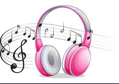 pink headphones with musical notes on white background