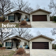 before and after garage door replacement faux dark walnut wood contemporary planks garage door Walnut Accents, Garage Door Replacement, Residential Garage Doors, Wood Garage Doors, Garage Door Makeover, Door Replacement, Overhead Door, Door Makeover, Before And After Pictures