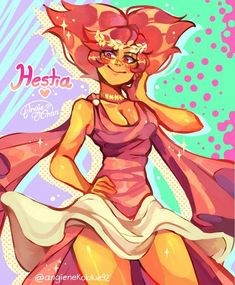 a woman in a pink dress with her hands on her hips and the words hestia above her