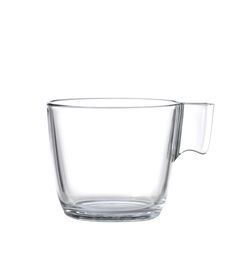 a clear glass cup with a handle on the top and bottom, sitting in front of a white background