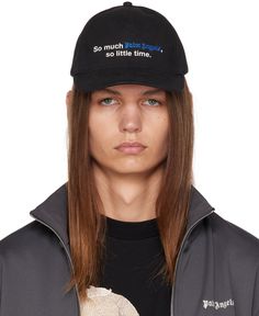 Cotton twill cap in black. · Eyelets embroidered at crown · Text printed at face · Logo embroidered at face · Curved brim · Adjustable snapback fastening at back face Supplier color: Black/Blue Black Hippie, Black Hippy, Face Logo, Palm Angels, Logo Embroidered, Cotton Twill, Black Blue, Apparel Accessories, Blue Black