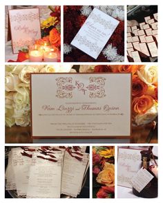 the wedding stationery is laid out on top of each other with candles and flowers