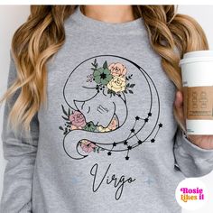 This Virgo Zodiac Sweatshirt with Flowers is the perfect way to show off your zodiac sign in style! It makes for an instant conversation starter and a great idea gift - especially when you want someone to know you've thought of them but can't quite remember the EXACT birthdate! Virgo  birthdays span from August 23 - September 22. Product Features: Comfortable Fabric: Made from a high-quality polyester and cotton blend, ensuring a soft and cozy feel. Made using 100% ethically grown US cotton. Gildan is also a proud member of the US Cotton Trust Protocol ensuring ethical and sustainable means of production. The blank shirt's dyes are OEKO-TEX-certified dyes with low environmental impact. Durable Design: Features a ribbed knit collar that holds its shape, even after multiple washes. Plus, no Virgo Gifts, Virgo Birthday, Trendy Sweater, Zodiac Virgo, 23 September, Flower Sweatshirt, 22 December, Trendy Sweaters, Gift Flower