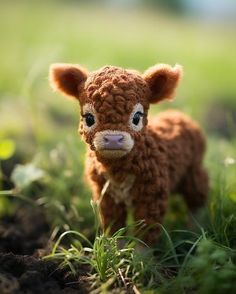 a small brown cow standing on top of a lush green field covered in dirt and grass