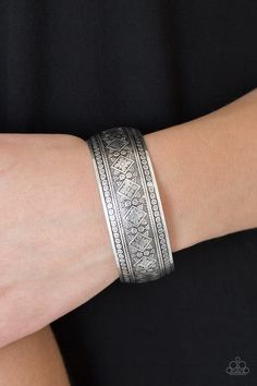 Embossed in whimsical floral patterns, an ornate silver cuff curls around the wrist for a seasonal look.

 Sold as one individual bracelet. Squirrel Jewelry, Engraved Cuff, Floral Bracelet, Paparazzi Accessories, Themed Jewelry, White Rhinestone, Rhinestone Bracelet, Paparazzi Jewelry, Affordable Jewelry