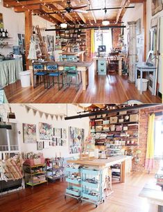 two pictures of the inside of a store with wooden floors and tables in front of them