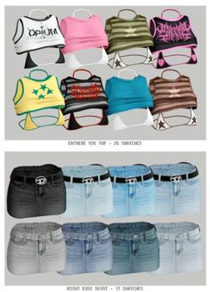 several different types of shorts and tops with the same design on them, all in different colors