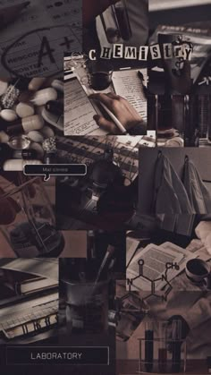 a collage of various items including books, papers and other things in black and white