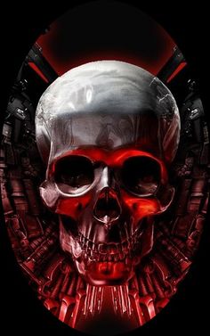 a red and black skull with lots of gears on it's face, in front of an abstract background