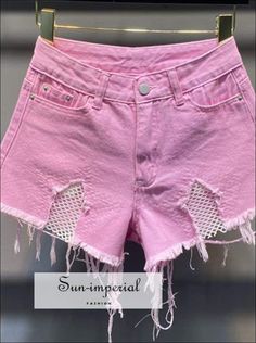 Women Pink High Waist Distressed Denim Jeans Shorts with Tassel Star Mesh detail casual style Casual Summer Bottoms With Holes, Trendy Cotton Bottoms With Holes, People Clothes, Korean Fashion Dress, Black High Waist, Distressed Denim Jeans, Loose Style, Pant Style, Jeans Shorts