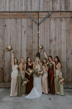 bridesmaids posing in mismatched fall bridesmaid dresses Ranch Bridesmaid Dress, Charcoal Grey And Rust Wedding, Champagne And Burgundy Bridesmaid Dresses, Sage And Copper Bridesmaid Dresses, Sage Green And Maroon Bridesmaid Dresses, Olive And Rust Bridesmaid Dresses, Sage Green And Rust Bridesmaid Dresses, Brown Theme Wedding Bridesmaid Dresses, Tan And Brown Bridesmaid Dresses