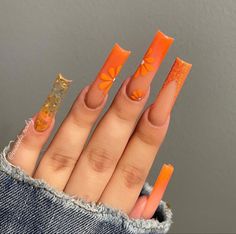 Long Square Acrylic Nails Flowers, Spring Nails Square Long, Cute Summer Nails Acrylics Long, Spring Long Acrylic Nails, Orange Acrylic Nails Designs, Long Acrylic Nails Coffin Summer, Orange Trendy Nails, Georgia Nails, Long Spring Nails