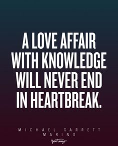 a love affair quote with the words, a love affair with knowledge will never end in heart break