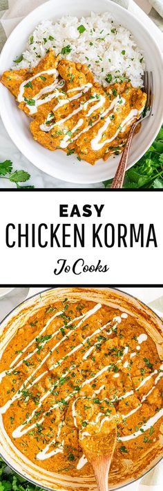 easy chicken korma in a casserole dish with rice and cilantro