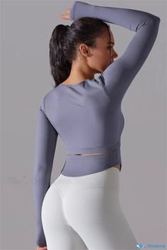 OrcaJump - Lavender U-Neck Long Sleeve Slim Fit Active Top Purple High Stretch Long Sleeve Top, Purple Long Sleeve Yoga Top, Purple Long Sleeve Sports Top, Long Sleeve Purple Sports Top, Fitted Lavender Yoga Top, Fitted Lavender Top For Yoga, Lavender Fitted Top For Yoga, Lavender Stretch Top For Yoga, Lavender Sports Top With Stretch