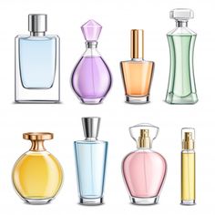 an assortment of different colored perfume bottles on a white background with clipping for text