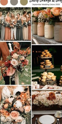 an orange and gray wedding color scheme with flowers, cookies, desserts and other items