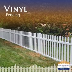 a white picket fence with the words vinyl fencing